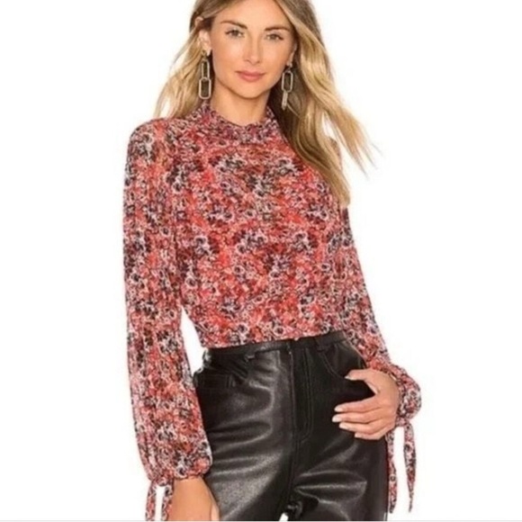 Free people all dolled up orange Floral grey Women's sheer lined blouse large - Picture 1 of 10